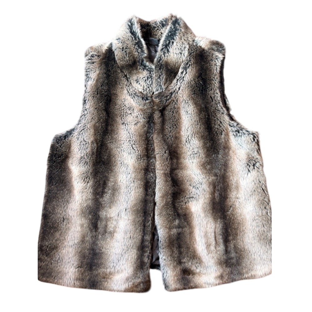 Woodland Faux Fur L Vest Brown Gray Plush Open Front Winter Cashmere Blend